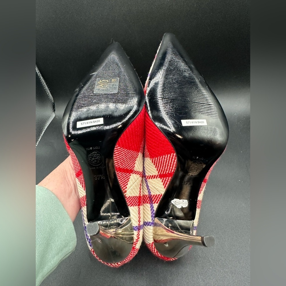 Versace Plaid Check Fabric Pointed Toe Pumps Size 37.5 Metallic Heel Italy - Picture 5 of 7